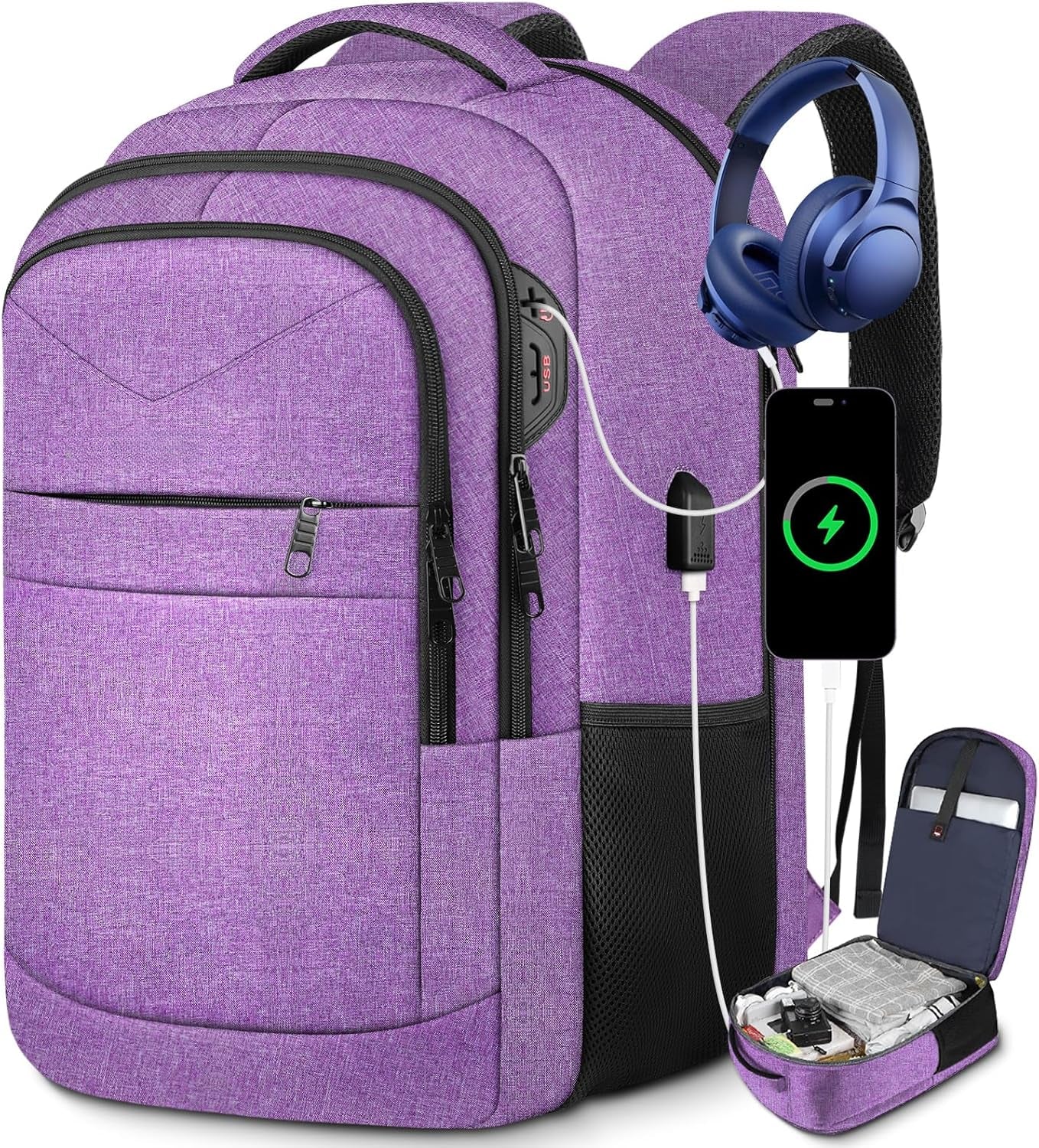 Extra Large Travel Backpack, Travel Laptop Backpack, Multiple Pockets 17.3 Inch Carry on Backpack with USB Port, TSA Friendly Water Resistant College School Business Bag for Women, Purple