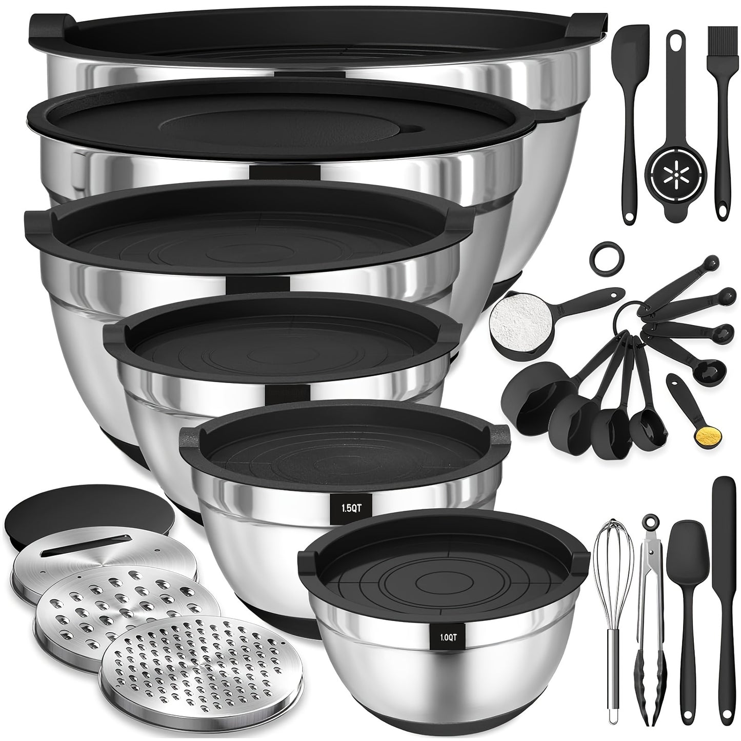 Mixing Bowls With Airtight Lids, 26Pcs Stainless Steel Bowls Set, 3 Grater Attachments & Black Non-Slip Bottoms Size 7, 4, 2.5, 2.0, 1.5, 1QT, Great For Mixing & Serving Salad Food