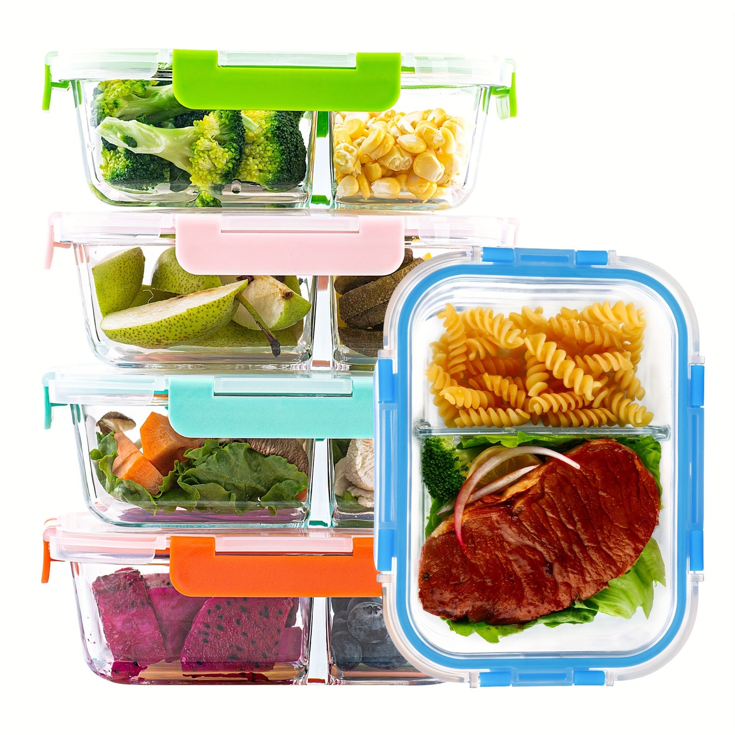 5-Pack Premium Borosilicate Glass Meal Prep Containers Set - 2/3 Grids, Leakproof Airtight Lids, BPA-Free, Durable, Stain-Resistant, Easy-to-Clean, and Stackable Glass Bento Boxes for Healthy Food Storage