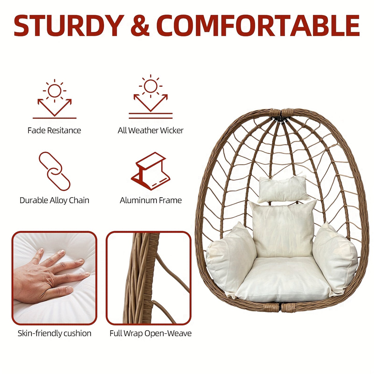 Egg Chair With Stand Outdoor Foldable Patio Wicker Hanging Swing Chairs 350LBS Capacity For Patio, Porch, Balcony, Bedroom