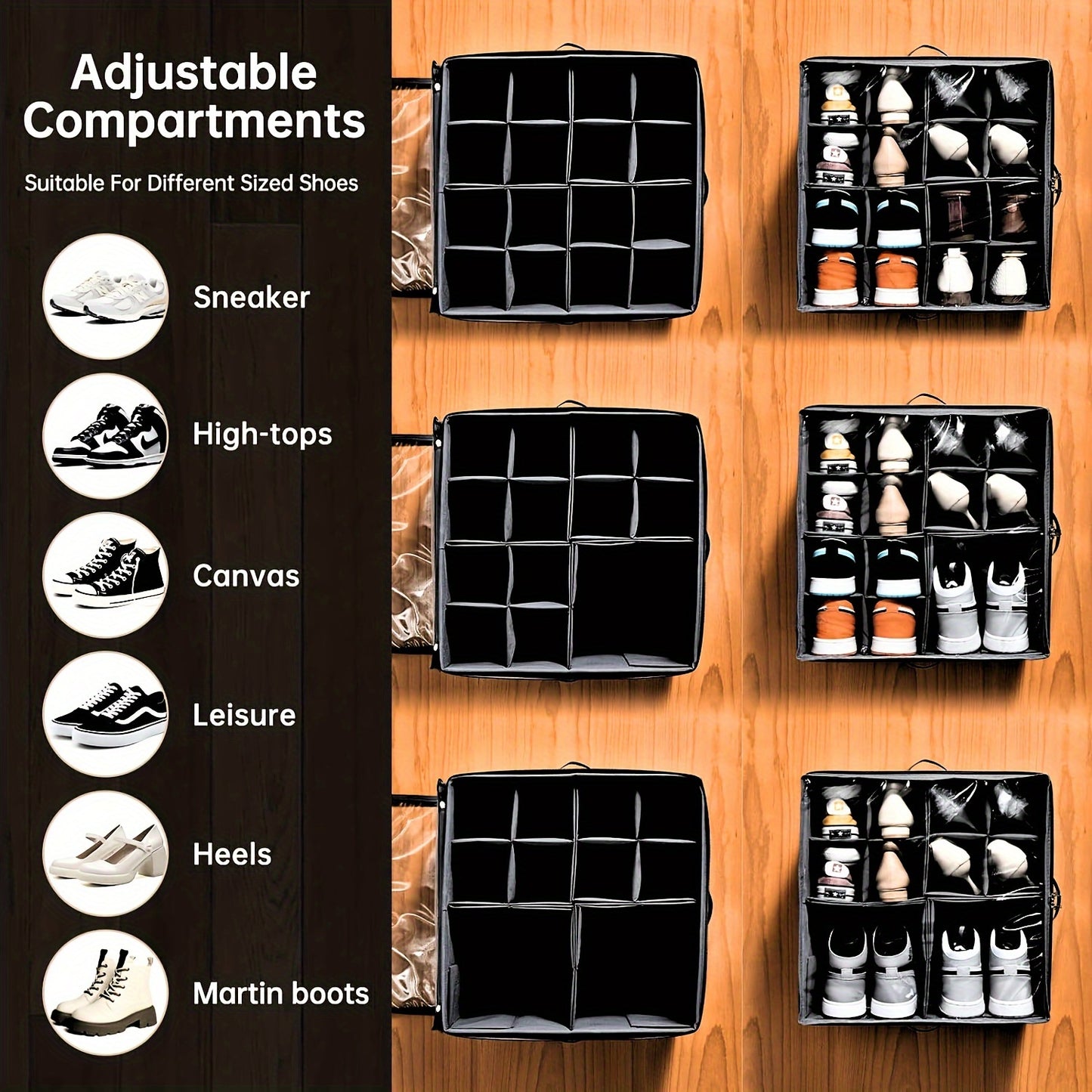 2 Pack Closet Shoe Organizer, Accommodates up to 32 Pairs, Compact Shoe Storage Boxes with Adjustable Dividers and Transparent Lid, Black Baskets, Bins & Containers