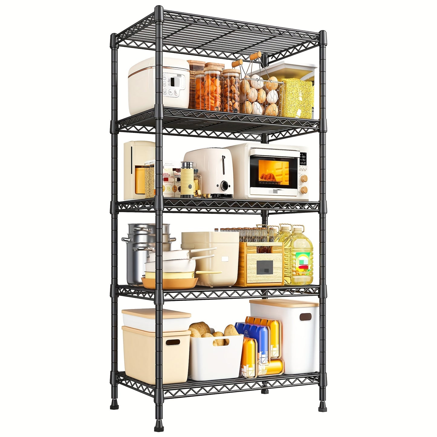 5-Tier Shelving Units 62" Adjustable Storage Shelves Sturdy Wire Shelf Adjustable Metal Shelves Detachable Storage Rack For Kitchen Laundry Living Room Heavy Duty Organizers And Storage Shelf, 11.6"D X 21.5"W X 62.5"H