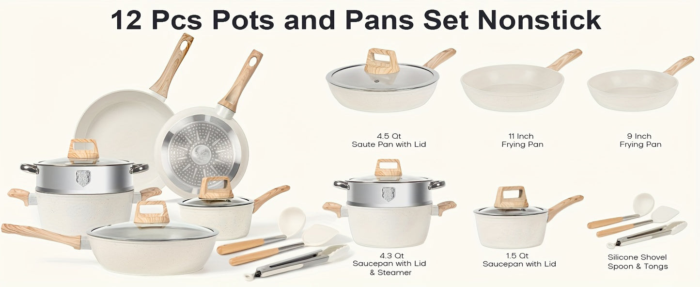 12 POTS and pans Set, Non-stick Cookware Set, Induction Cookware Non-stick Granite Cooking Set, including frying pan, pan, steamer, silicone spatula and tongs