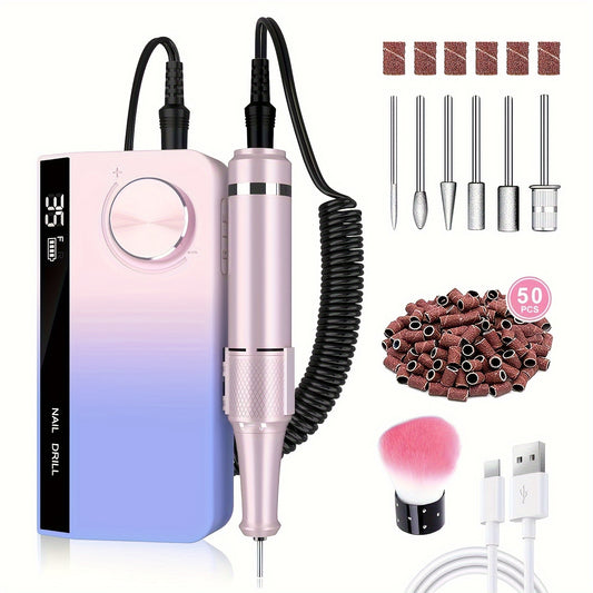 (Complimentary 50 sand rings + dust brush)Nail Salon Professional Nail drill, Electric acrylic gel nail kit Portable E-file 35000RPM rechargeable home and salon nail polish shape tool