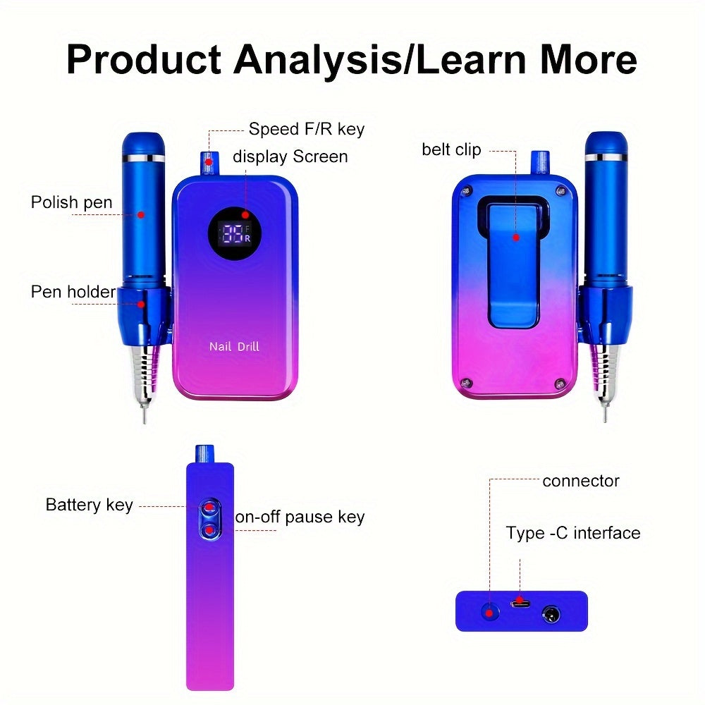 35000RPM Portable Professional  Electric Nail Drill Machine Display Nails Sander For Acrylic Gel Polish Rechargeable Nail Tool