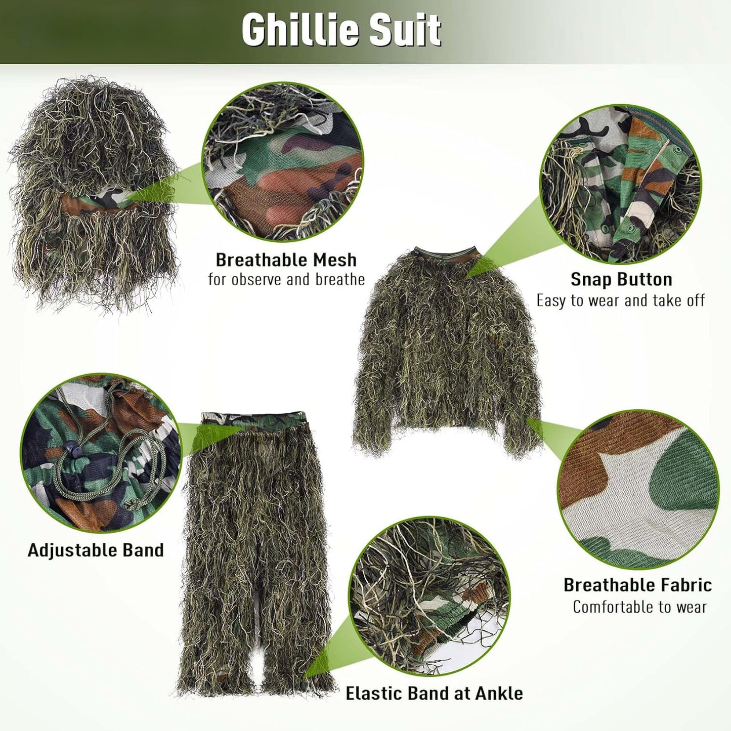 6 in 1 Ghillie Suit, 3D Camouflage Hunting Apparel Including Jacket, Pants, Hood, Carry Bag and Camo Tapes