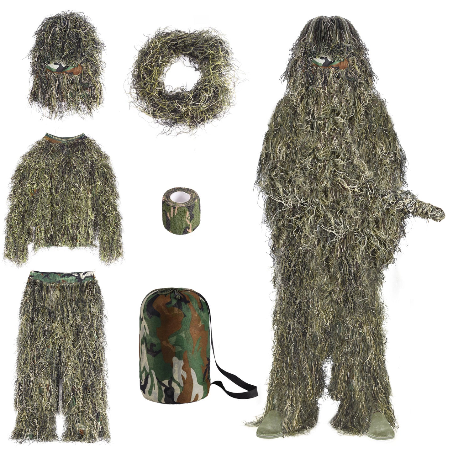 6 in 1 Ghillie Suit,Jungle greendesert yellow 3D Camouflage Hunting Apparel Including Jacket, Pants, Hood, Carry Bag and Camo Tapes Bushman Costume Suitable for Men, Hunters