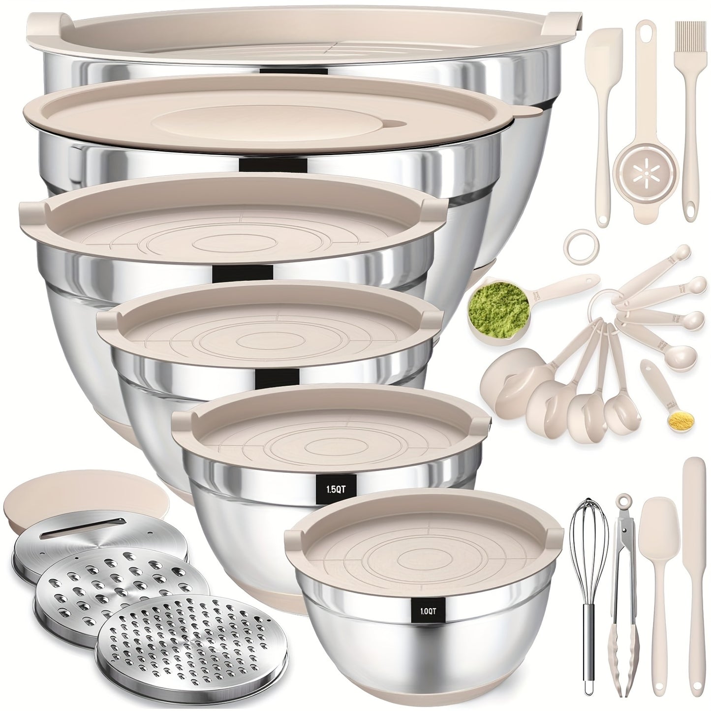 Mixing Bowls With Airtight Lids, 26Pcs Stainless Steel Bowls Set, 3 Grater Attachments & Black Non-Slip Bottoms Size 7, 4, 2.5, 2.0, 1.5, 1QT, Great For Mixing & Serving Salad Food