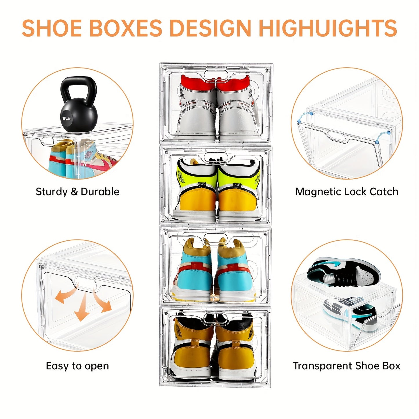 6/12 Pack Shoes Box, Shoes Storage With Magnetic Door, Shoe Box For Closet, Sneaker Case, Fit Up To US Size 12 For Men/Women13.4"x 9.8"x 7.1", Clear/Black/Ashy/Black With Clear