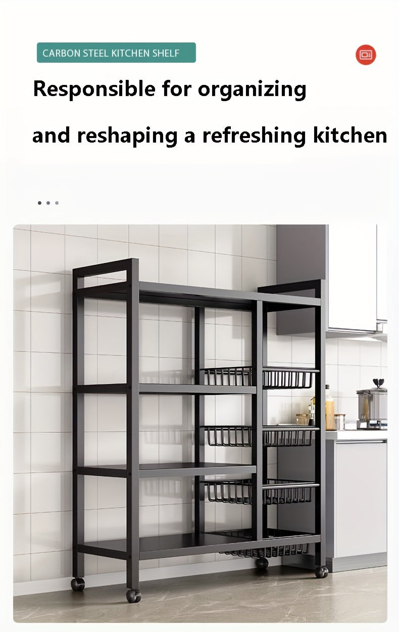 Mobile Kitchen Shelf, Multi-layer Metal Kitchen Storage Rack With Open Basket - Floor Standing, Suitable For Organizing And Storing Fruits And Vegetables, Kitchen Storage Room Storage Container, Black