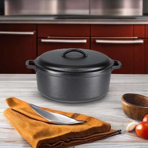 Round Pre-Seasoned Cast Iron Dutch Oven Pot with Lid and Dual Handles, Heavy-Duty & Large, 7-Quart, Black