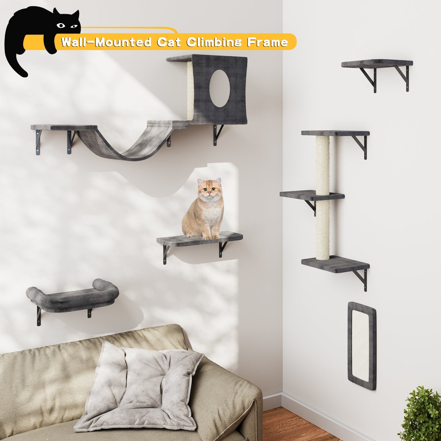 6-Piece Deluxe Wall Mounted Cat Climbing Frame - Spacious Cat House, Sturdy Bridge, Tree, Steps, Scratcher, and Shelves - DIY Indoor Cat Playground Furniture Set with Easy Assembly