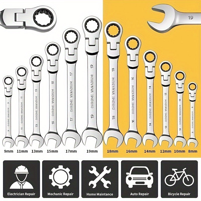 12pcs YWBL-WH Metric Ratchet Wrench Set - Durable Cr-V Steel, 8-19mm, with Handy Tool Case - Perfect for Home DIY & Auto Repairs