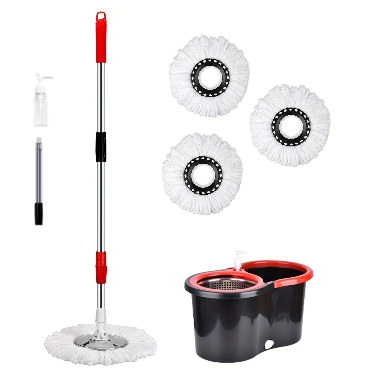 Spin Mop And Bucket With Wringer Set, Bathroom Mop Bucket, School Bathroom, 360° Spinning Mop Bucket System With 3 Microfiber Mop Replacement Heads And 61" Stainless Steel Adjustable Handle For Floor Cleaning, Bucket Floor Cleaning System