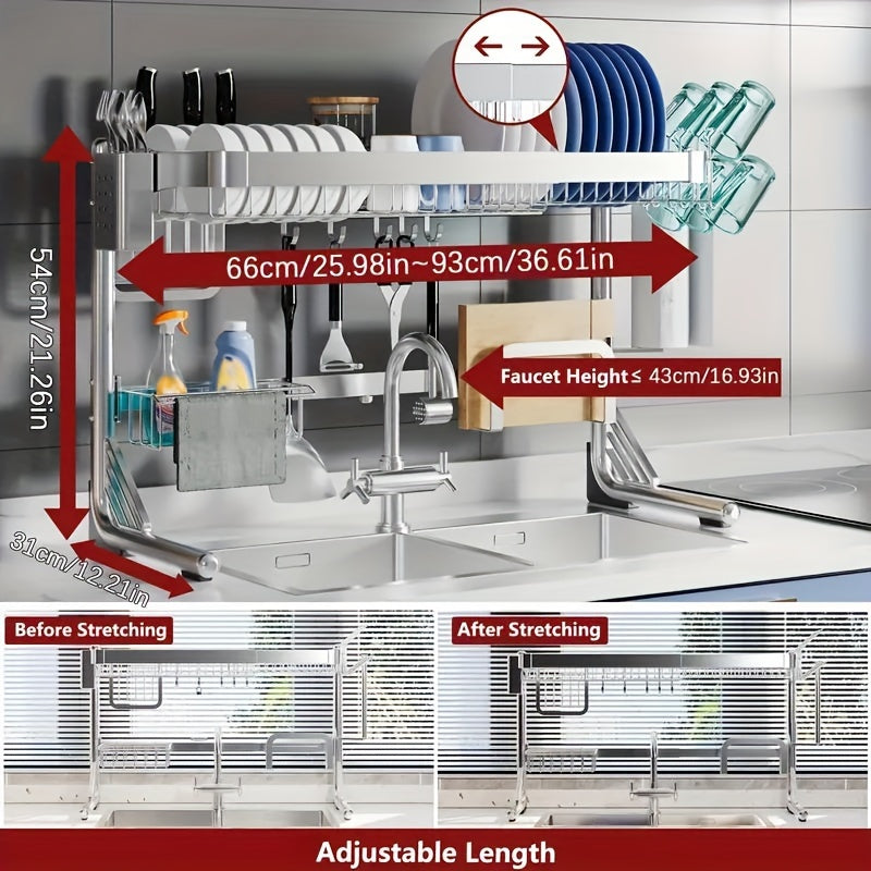 3- Tier/ 2- Tier Stainless Steel Dish Rack, Kitchen Organizer Over The Sink, Adjustable Length (25'' To 36'' ), Kitchen Cleaning Supplies Organizer