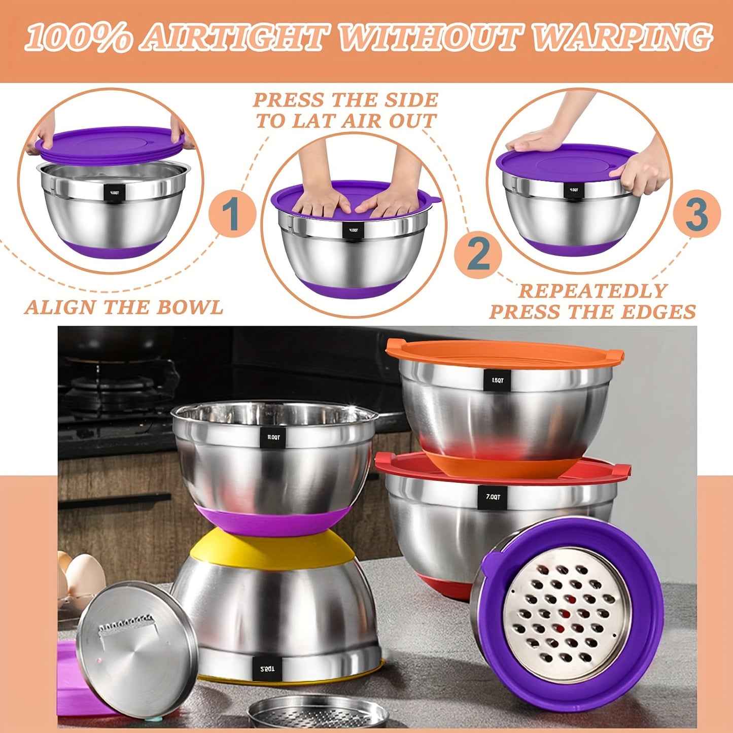 Mixing Bowls With Airtight Lids, 26Pcs Stainless Steel Bowls Set, 3 Grater Attachments & Black Non-Slip Bottoms Size 7, 4, 2.5, 2.0, 1.5, 1QT, Great For Mixing & Serving Salad Food