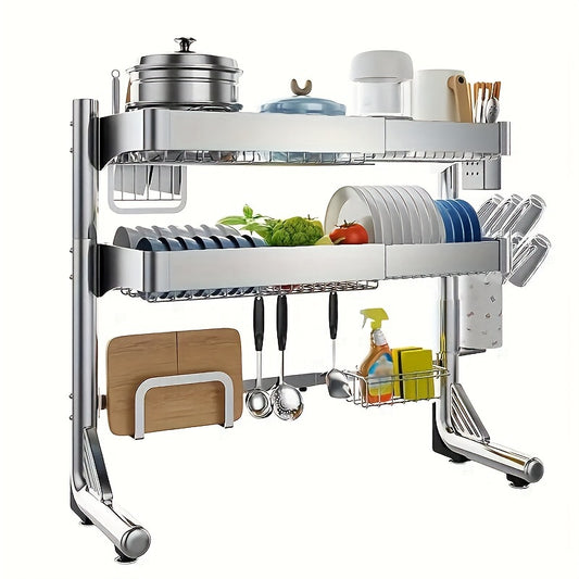 3- Tier/ 2- Tier Stainless Steel Dish Rack, Kitchen Organizer Over The Sink, Adjustable Length (25'' To 36'' ), Kitchen Cleaning Supplies Organizer