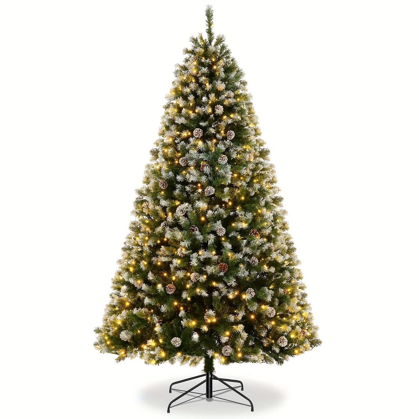 6ft/7.5ft Pre-Lit Jet White Artificial Christmas Tree with Collapsible Metal Stand, Warming Lights, and Pine Cones for Home Party Halloween Christmas Decoration