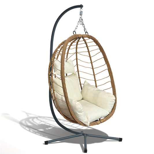 Egg Chair With Stand Outdoor Foldable Patio Wicker Hanging Swing Chairs 350LBS Capacity For Patio, Porch, Balcony, Bedroom