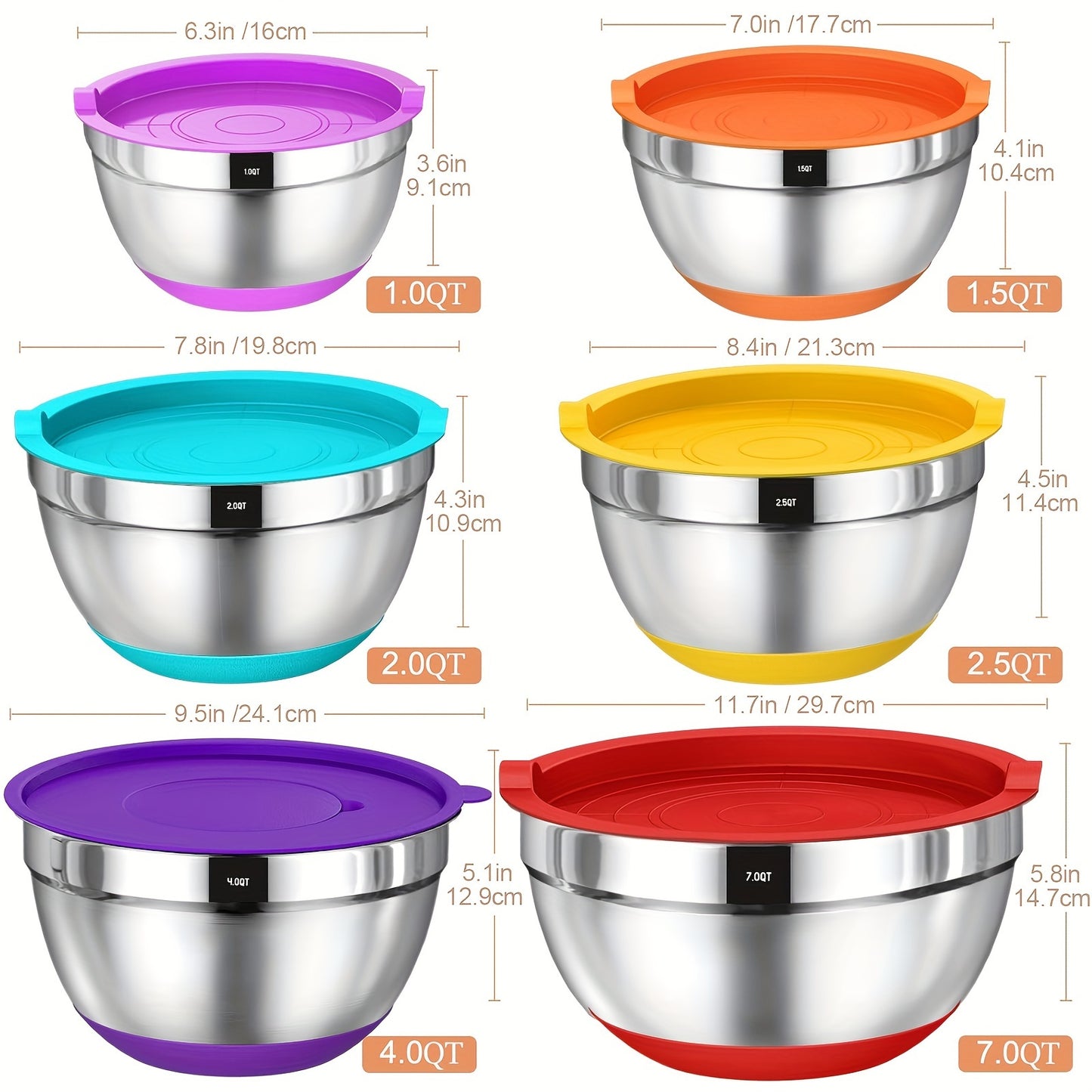 Mixing Bowls With Airtight Lids, 26Pcs Stainless Steel Bowls Set, 3 Grater Attachments & Black Non-Slip Bottoms Size 7, 4, 2.5, 2.0, 1.5, 1QT, Great For Mixing & Serving Salad Food