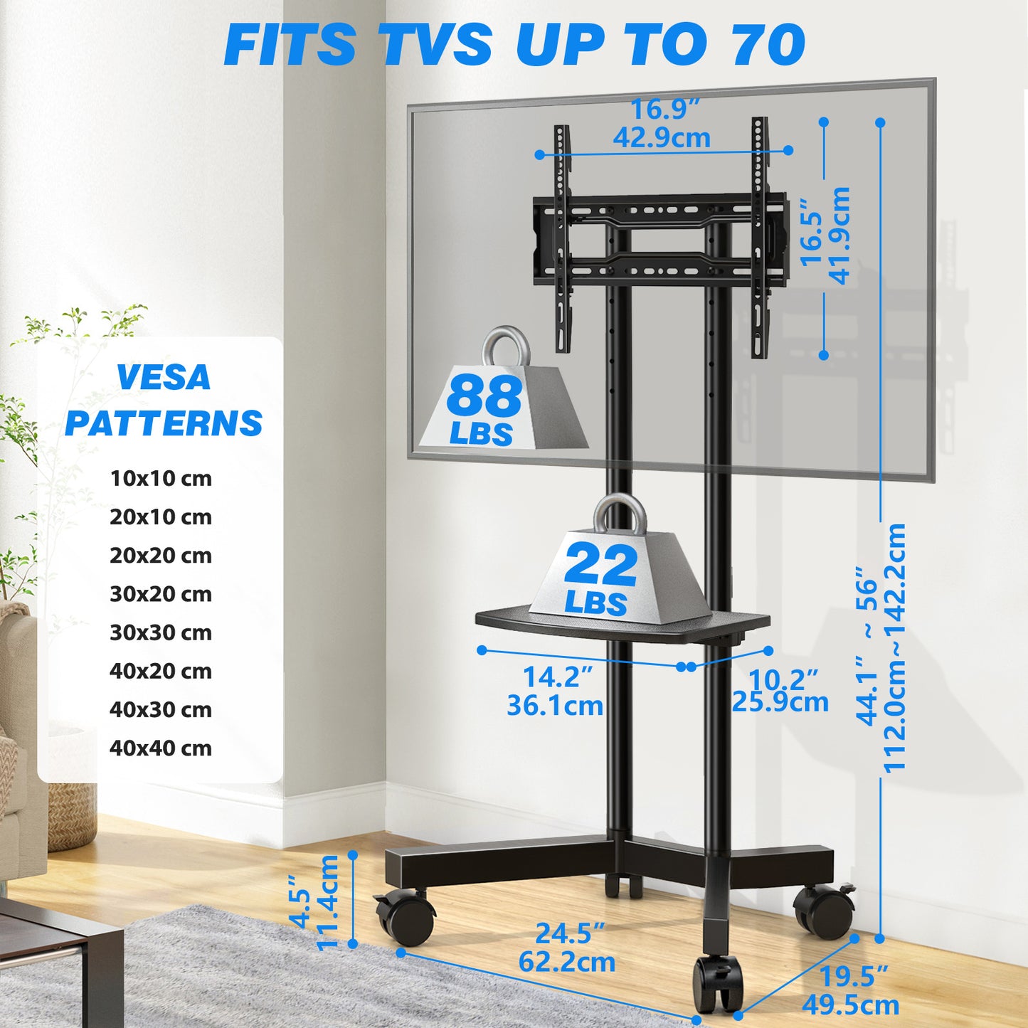 Rolling TV Stand with Laptop Shelf, Mobile TV Stand with Upgraded Wheels for 32-70 Inch TVs, Height Adjustable Mobile TV Cart up to 88lbs, Portable TV Stand for Outdoor, Home, Office