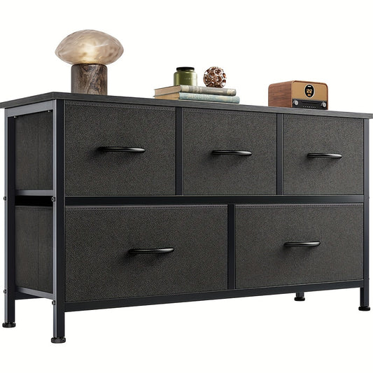 Dresser for Bedroom With 5 Fabric Drawers, Tall Chest Organizer Units For Clothing, Closet, Living Room, Storage Tower With Cabinet, Metal Frame, Wooden Top, Lightweight Furniture, 39.4 x 11.8 x 20.9 IN