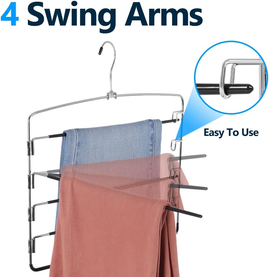 Pants Hangers 3 Pieces,5 Tier Closet Organizers and Storage Clothes Hangers,Hangers Space Saving with Swing Arm,Multiple Metal Hangers Clothes Organization for Pants Trousers Jeans Leggings Slacks