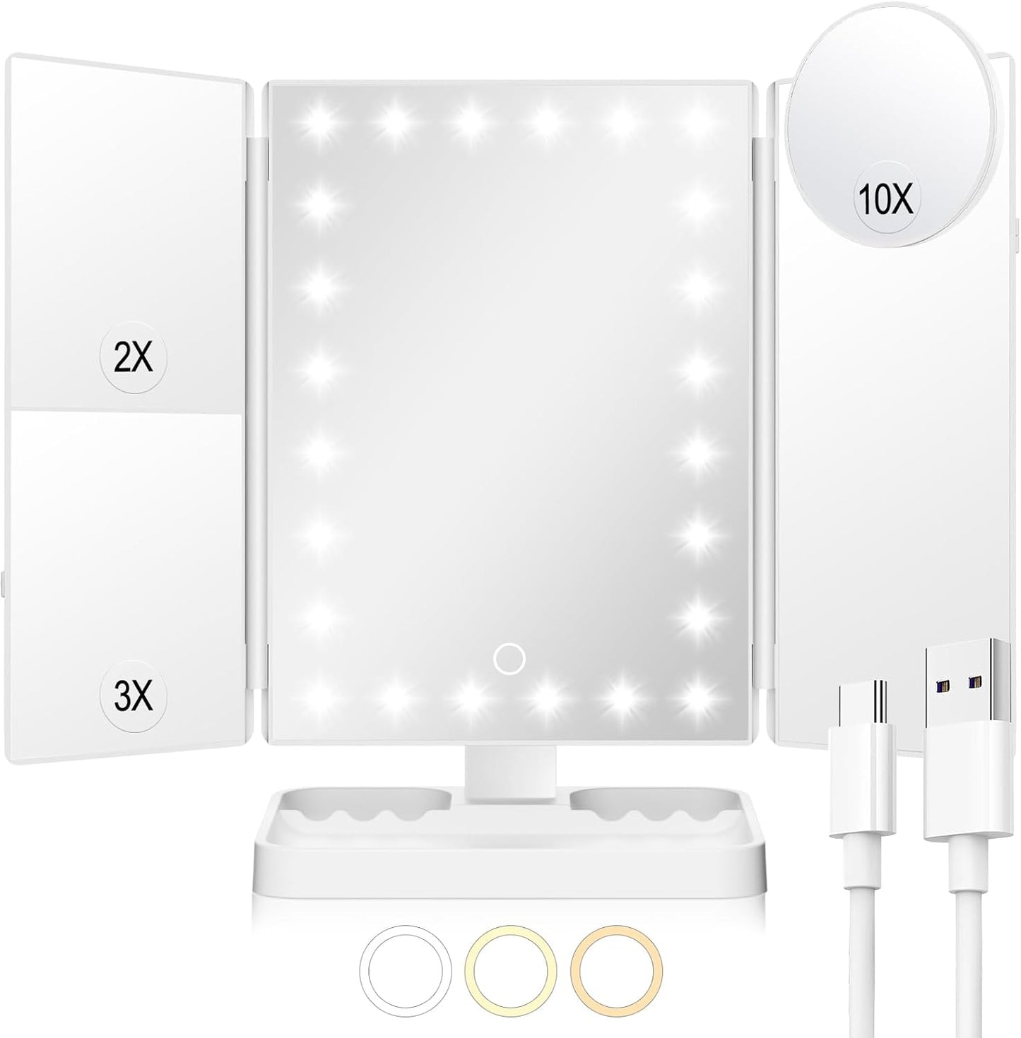 Makeup Mirror Vanity with Lights, 2X 3X 10X Magnification, Lighted Mirror, Touch Control, Trifold Dual Power Supply, Portable LED Women Gift