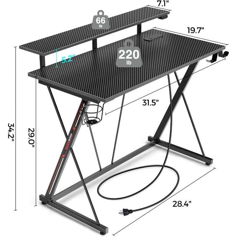 Gaming Desk with LED Lights & Power Outlets, 31.5/39.4/47/55in Computer Desk with Monitor Shelf, Home Office Desk with Cup Holder and Headphone Hook, Ergonomic