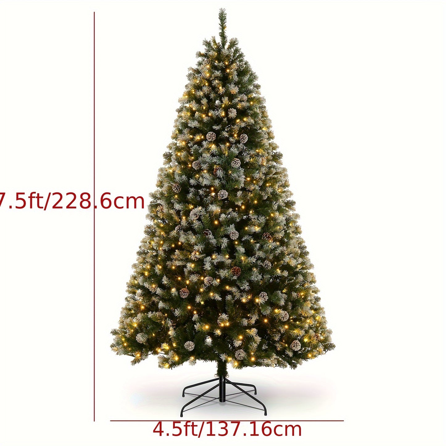 7FT Hinged Artificial Christmas Tree with 550 Lights, 80 Pine Cones, Partially Flocked & Foldable Metal Base for Home, Store, Office Party Decoration