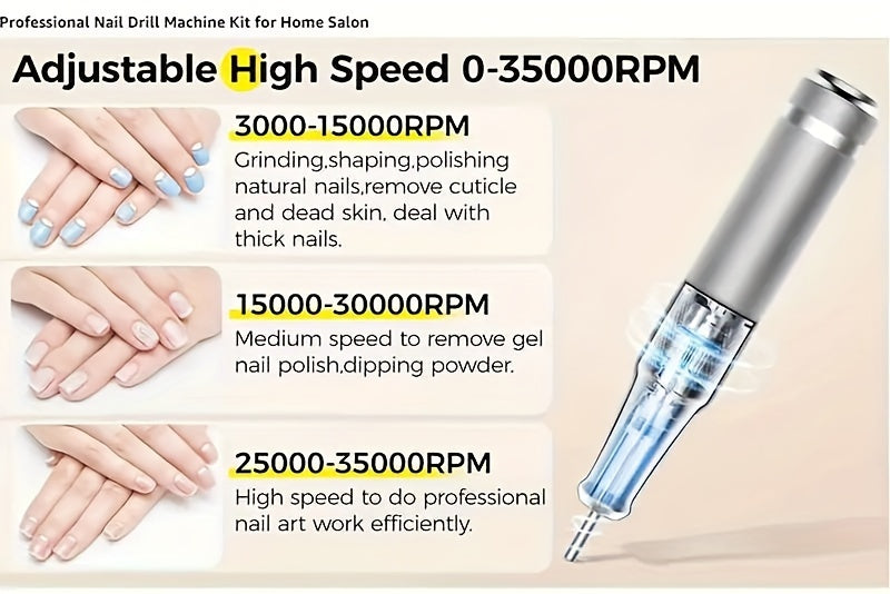 (Complimentary 50 sand rings + dust brush)Nail Salon Professional Nail drill, Electric acrylic gel nail kit Portable E-file 35000RPM rechargeable home and salon nail polish shape tool