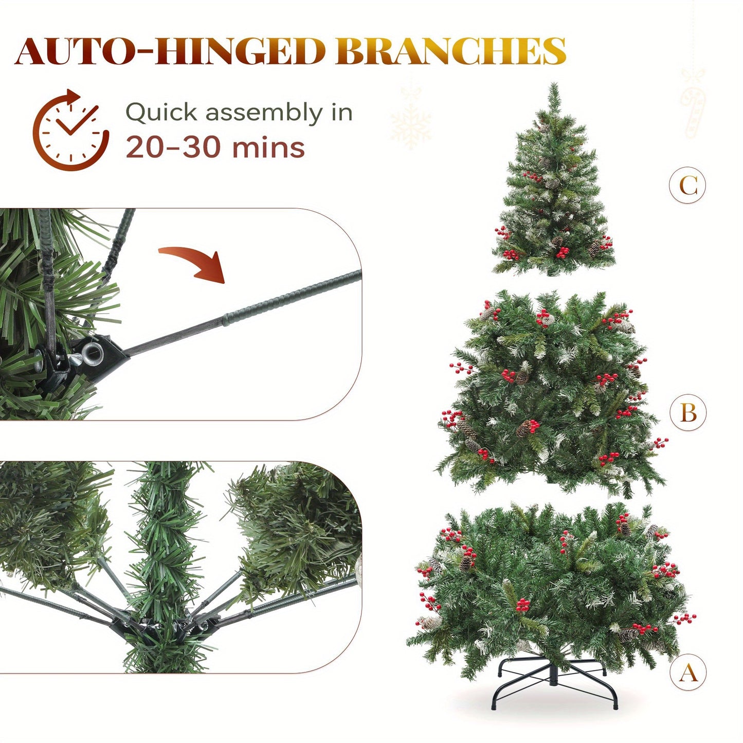 Pre- lit Pre- Decorated Pine Artificial Christmas Tree, Artificial Hinged Xmas Tree with Flocked Frosted Tips, Lights, Pine Cones & Red Berries for Holiday Party Office Home Artificial Topiaries Plants, Christmas decor