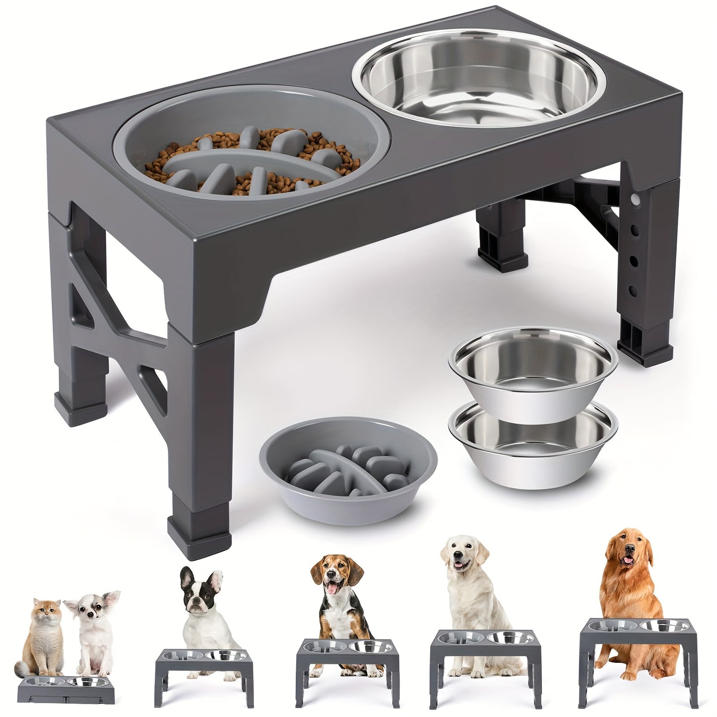 Elevated Dog Bowls, 5 Adjustable Heights Raised Dog Bowl Stand, With 2 Stainless Steel Dog Food Bowls And 1 Slow Feeder Dog Bowl, Adjusts To Height 3.2" To 12.2" For Small Medium Large Dogs