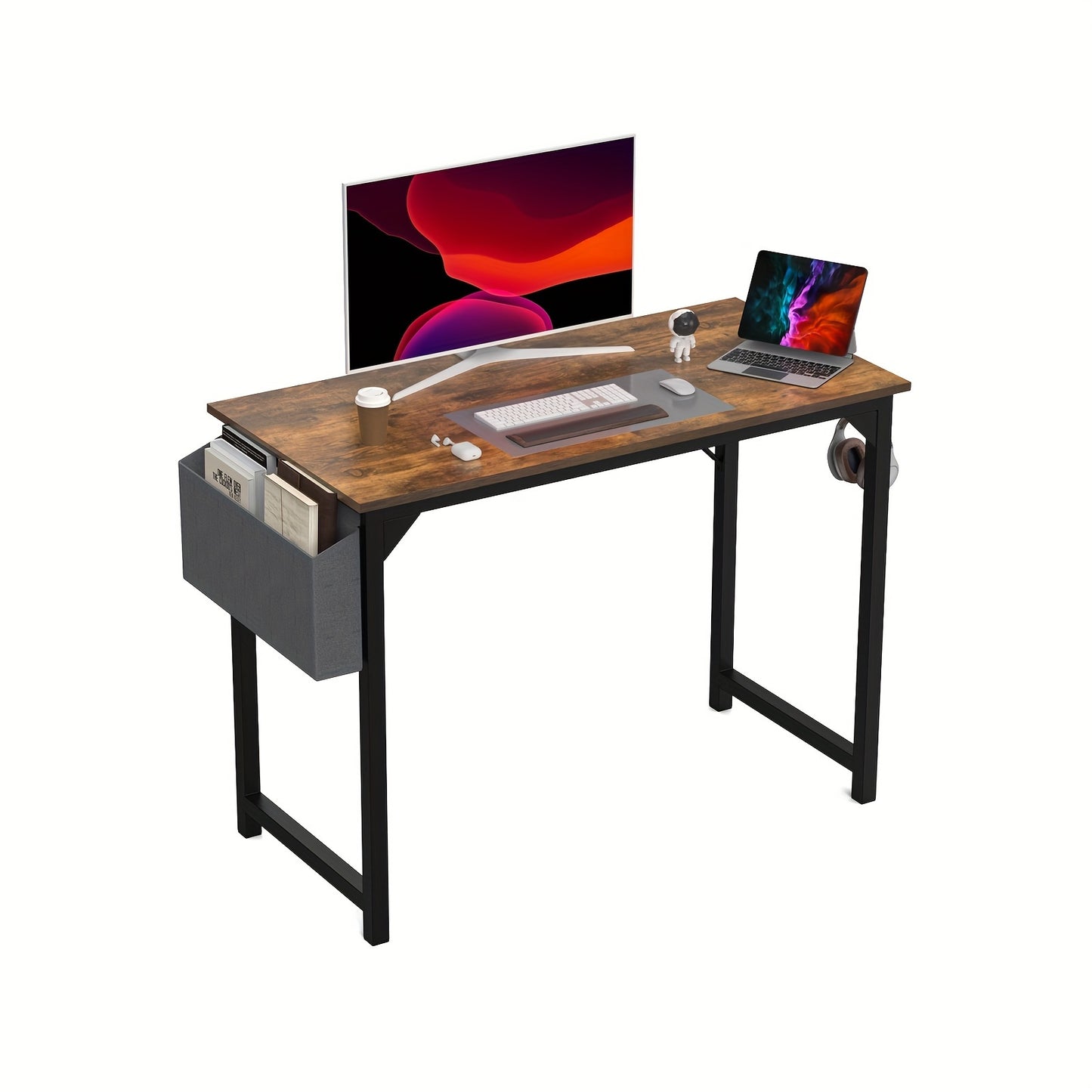 Computer Desk - Office 48 Inch Writing Work Student Study Modern Simple StyleWooden Table with Storage Bag & Iron Hook for Home Bedroom