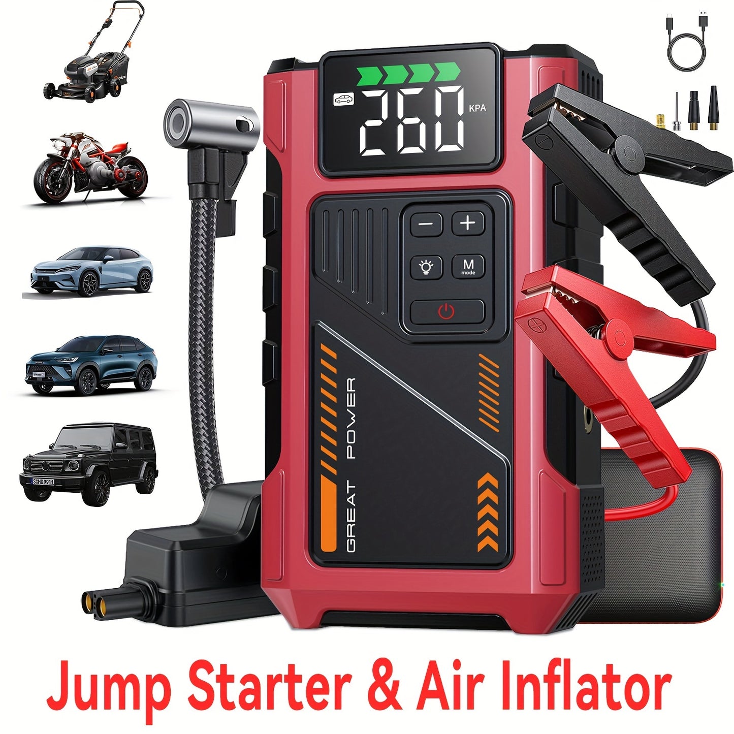 150PSI Car Jump Starter With Air Portable Jump Box, 12V Car Battery Booster, Tire Inflator For 7.5L Gas/6.0L Diesel Engines, Car Emergency Kit, Battery Pack, Battery Charger