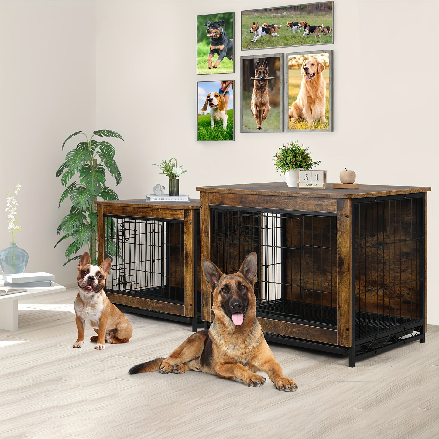 Dog Crate Furniture, 38.6" Wooden Side End Table, Modern Dog Kennel with Double Doors, Heavy-Duty Dog Cage with Pull-Out Removable Tray, Indoor Medium/Large/Small Pet House Furniture