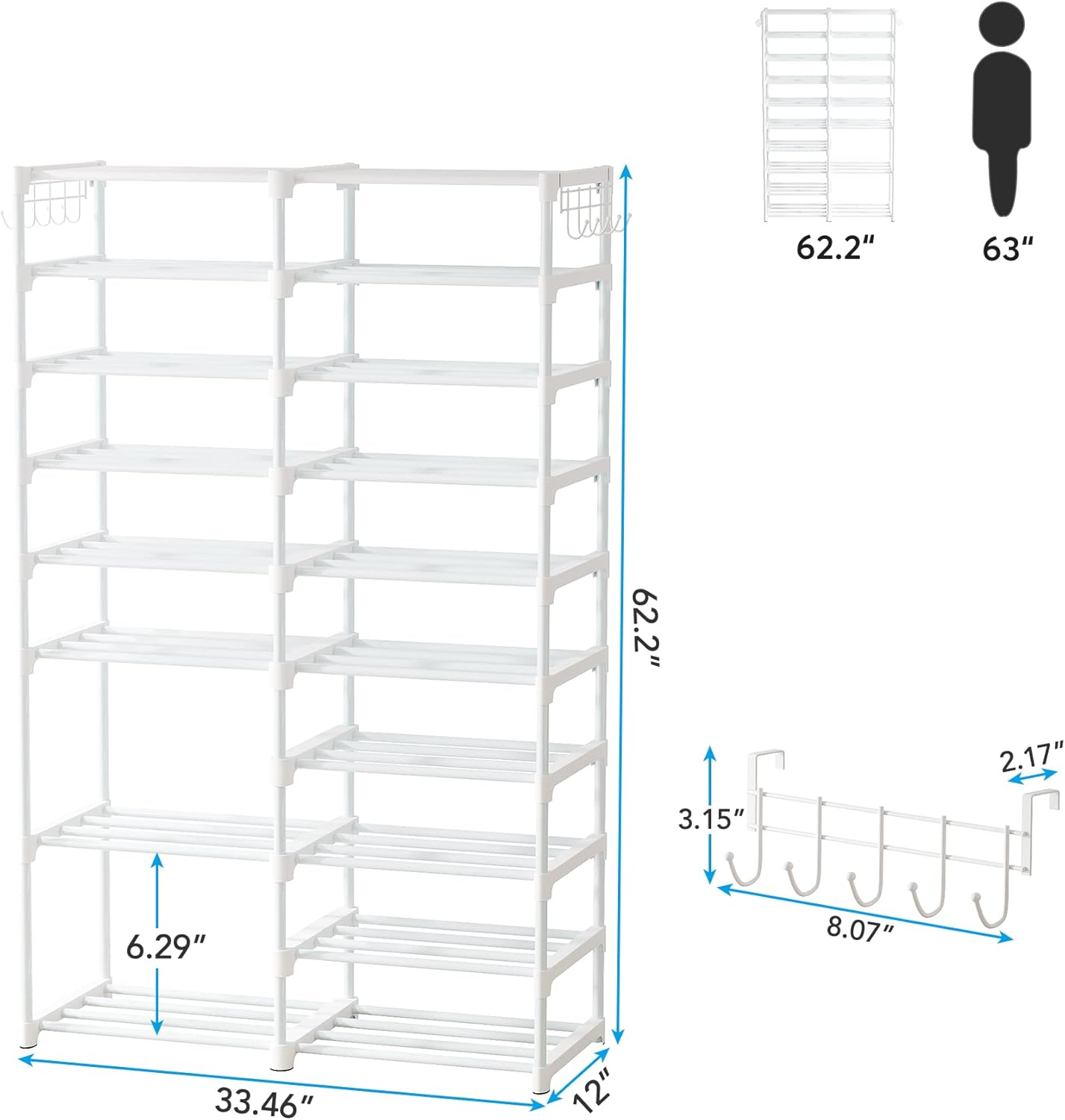 32-40 Pairs Shoe Storage Shelf, 9 Tiers Stackable Shoe Tower/Rack/Stand for Closet, Boot Organizer with 2 Hooks