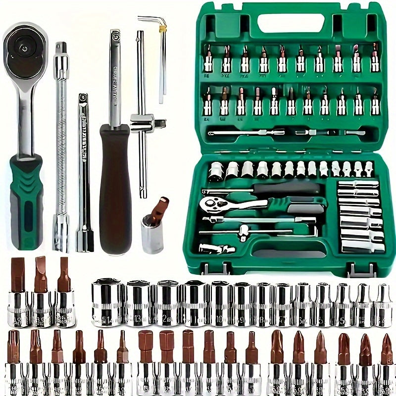 High-end Professional 151&53pcs Mechanic Tool Set, 1/2 *1/4" 3/8 "drive Depth And Standard Sockets, Ratchet Wrench Set, Torque Wrench, MechanicTool Kits For Auto Parts Repair & Household Mechanical Tool Kit, For Car Bike Repair Tools