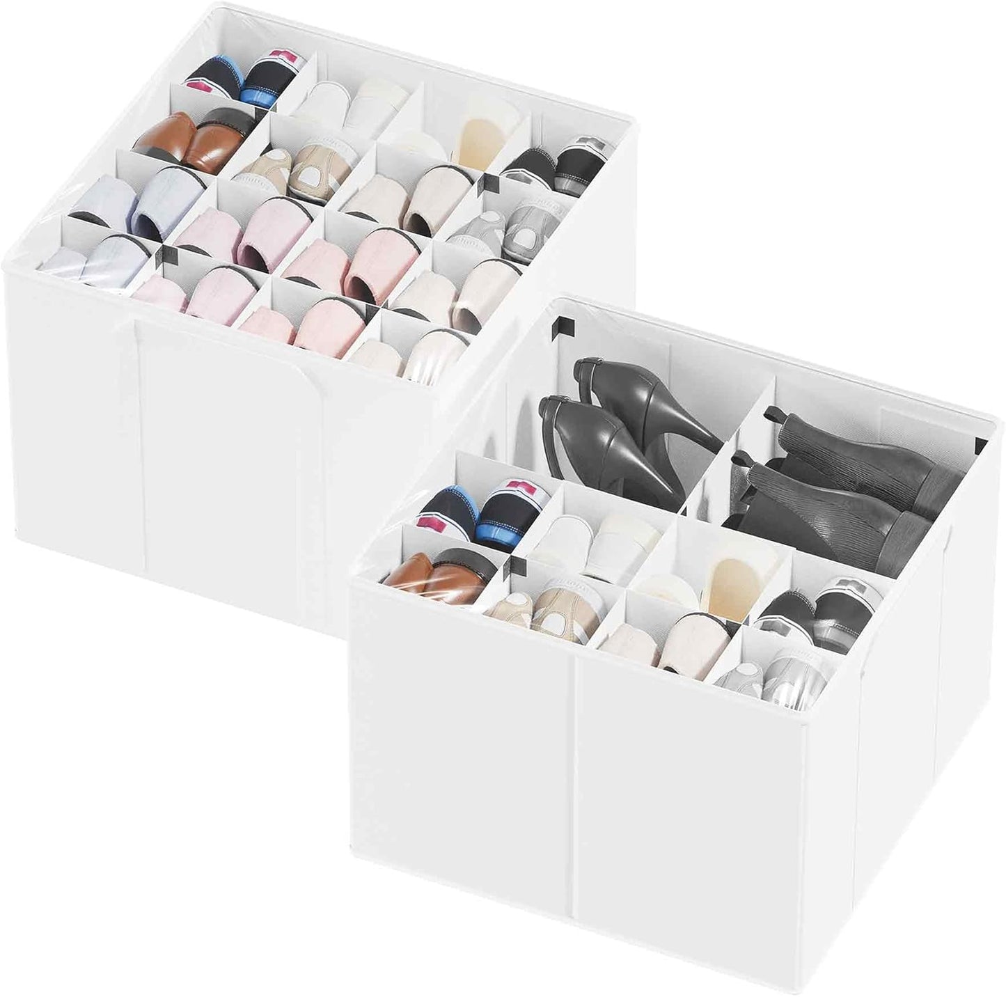 Shoe Organizer for Closet, 2 Pack Foldable Shoe Storage Containers Baskets Boxes Bins w/Adjustable Dividers, Fits 16-32 Pairs