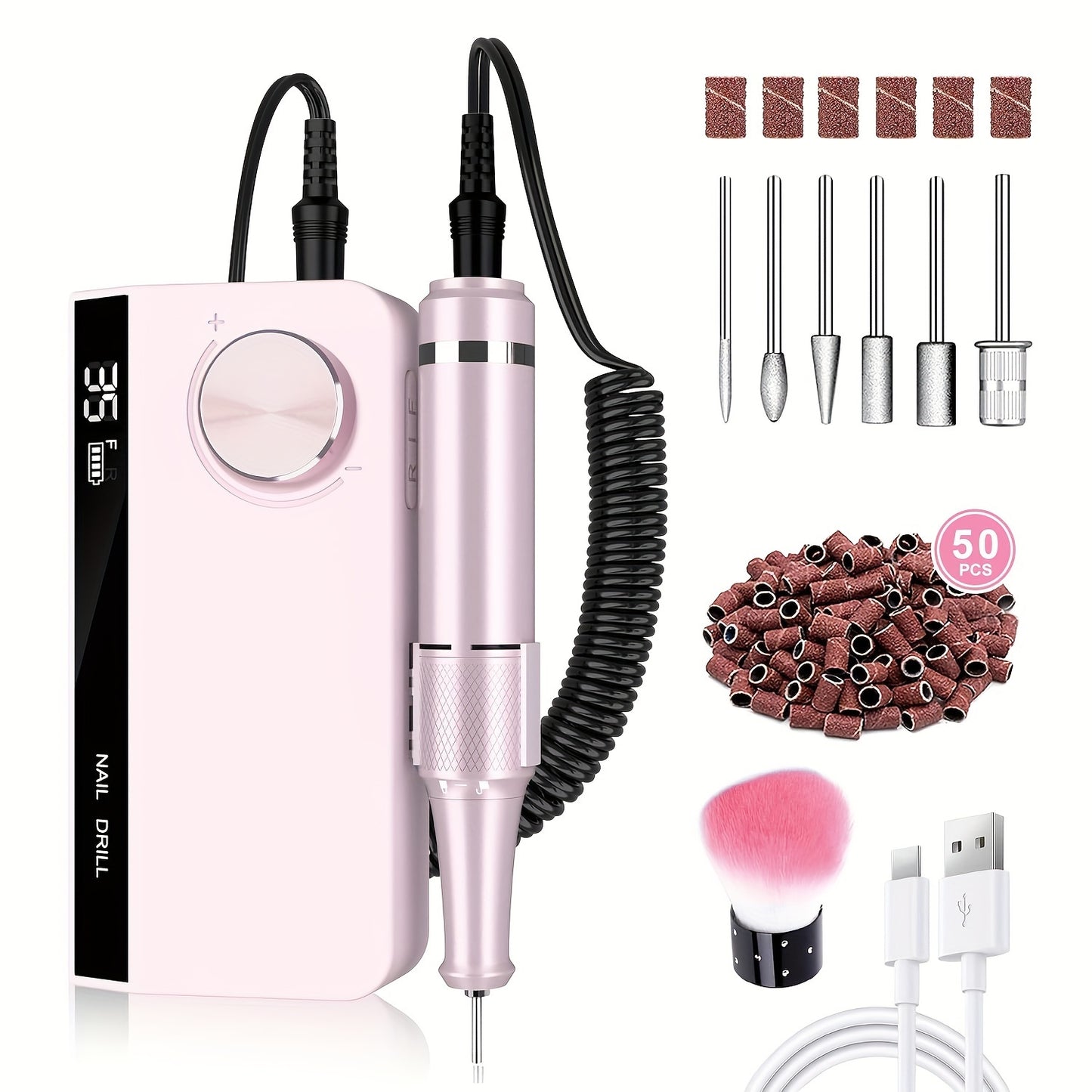 (Complimentary 50 sand rings + dust brush)Nail Salon Professional Nail drill, Electric acrylic gel nail kit Portable E-file 35000RPM rechargeable home and salon nail polish shape tool