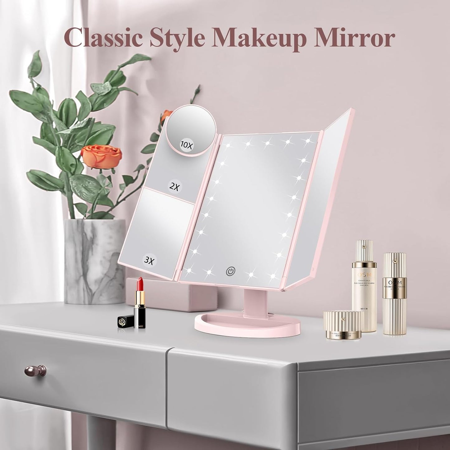 Makeup Mirror Vanity with Lights, 2X 3X 10X Magnification, Lighted Mirror, Touch Control, Trifold Dual Power Supply, Portable LED Women Gift