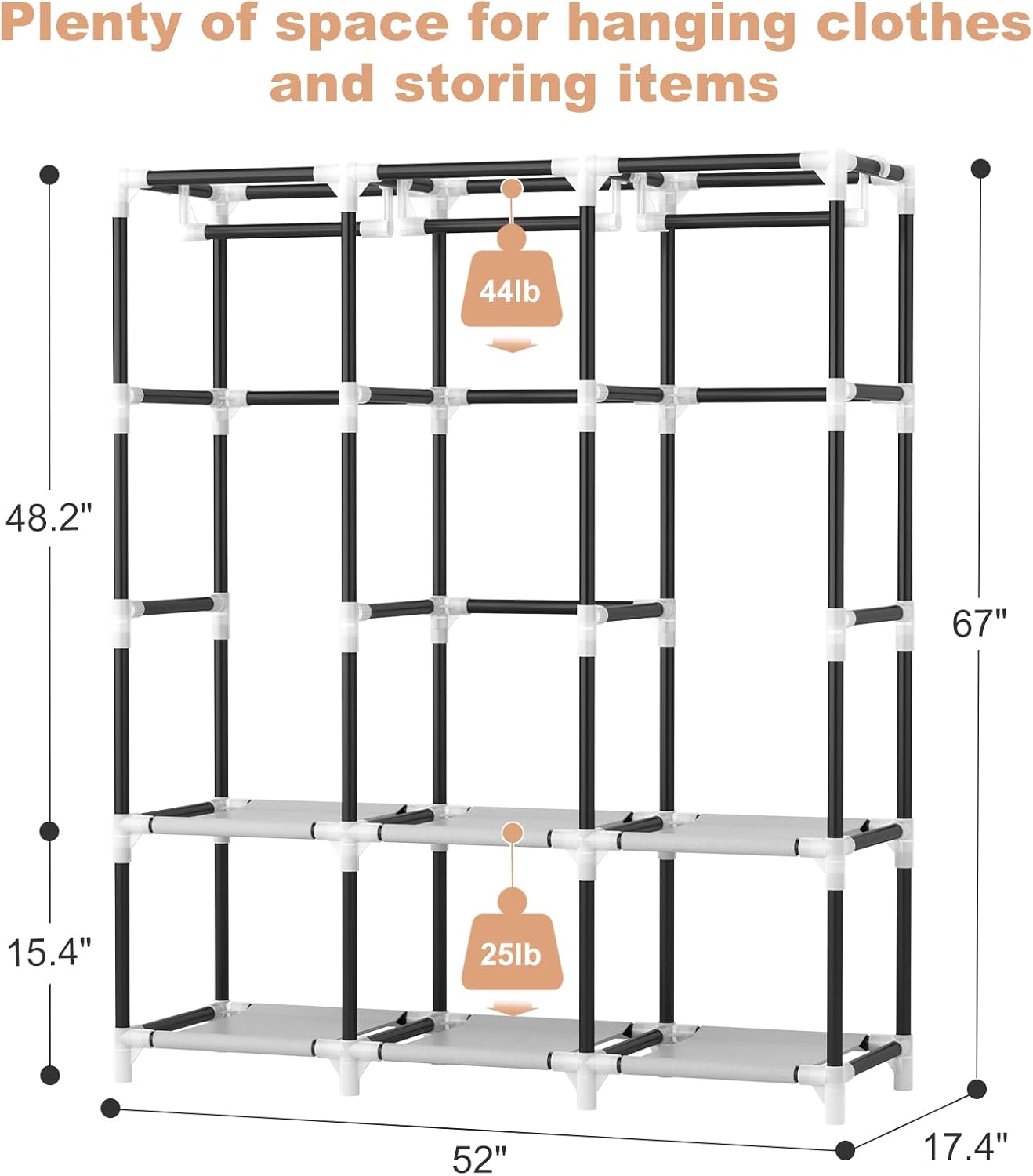 Portable Closet, Wardrobe Closet for Hanging Clothes Closet with Cover, 3 Hanging rods, 6 Storage Shelves and Side Pockets, Diameter 19mm Metal Pipe, Free Standing Closet for Bedroom