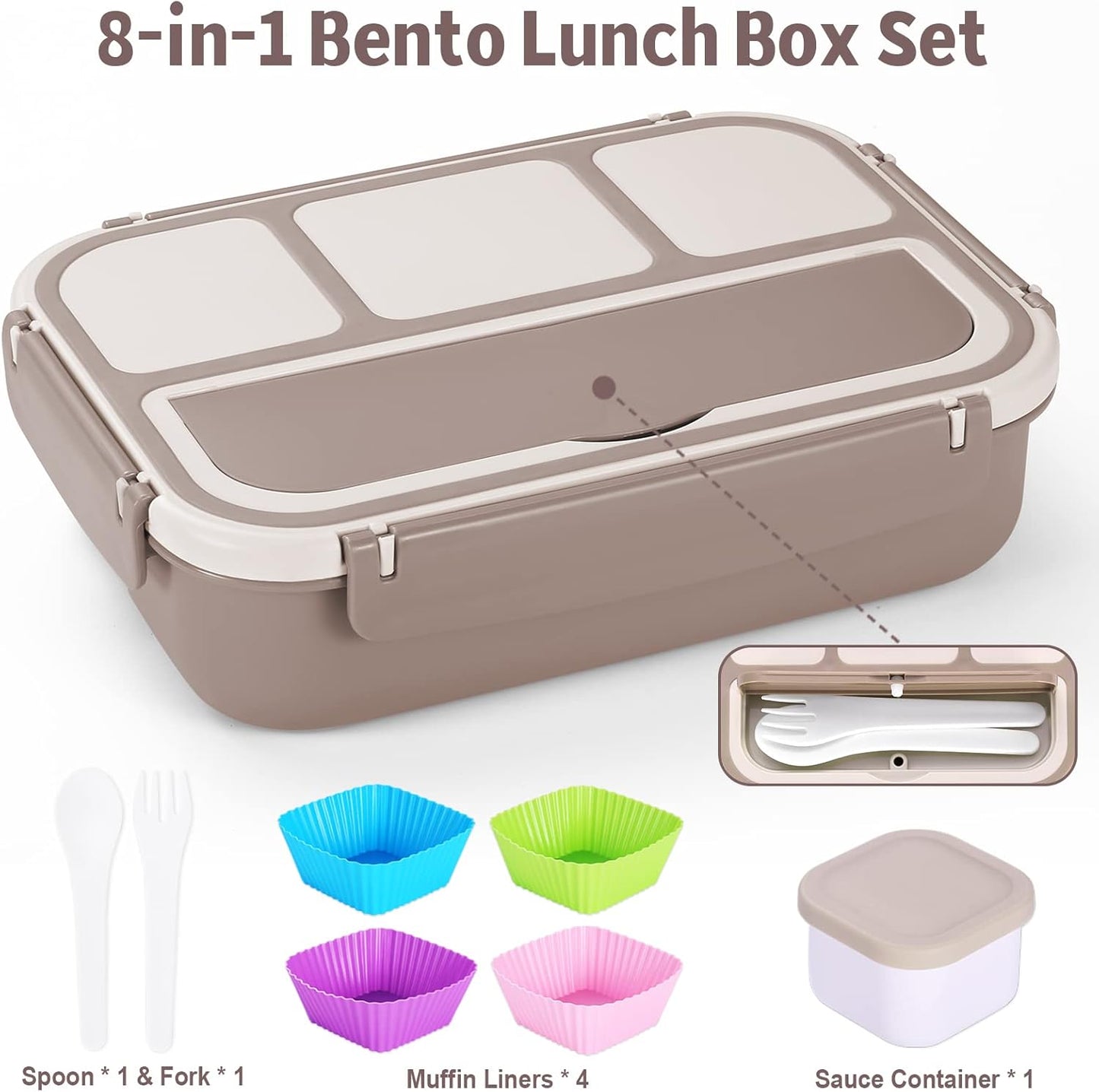 Bento Box Adult Lunch Box, Containers for Adults Men Women with 4 Compartments, Lunchable Food Container with Utensils, Sauce Jar, Muffin Liners, 40 Oz/5 Cup, Microwave & Dishwasher Safe, Brown