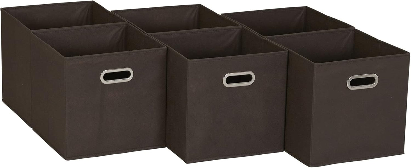 Fabric Storage Cube Bins, 6 Piece Set, Strong Poly-Woven Fabric, Chipboard Sides, Grommet Front Handle, Stackable and Foldable, Classic Design