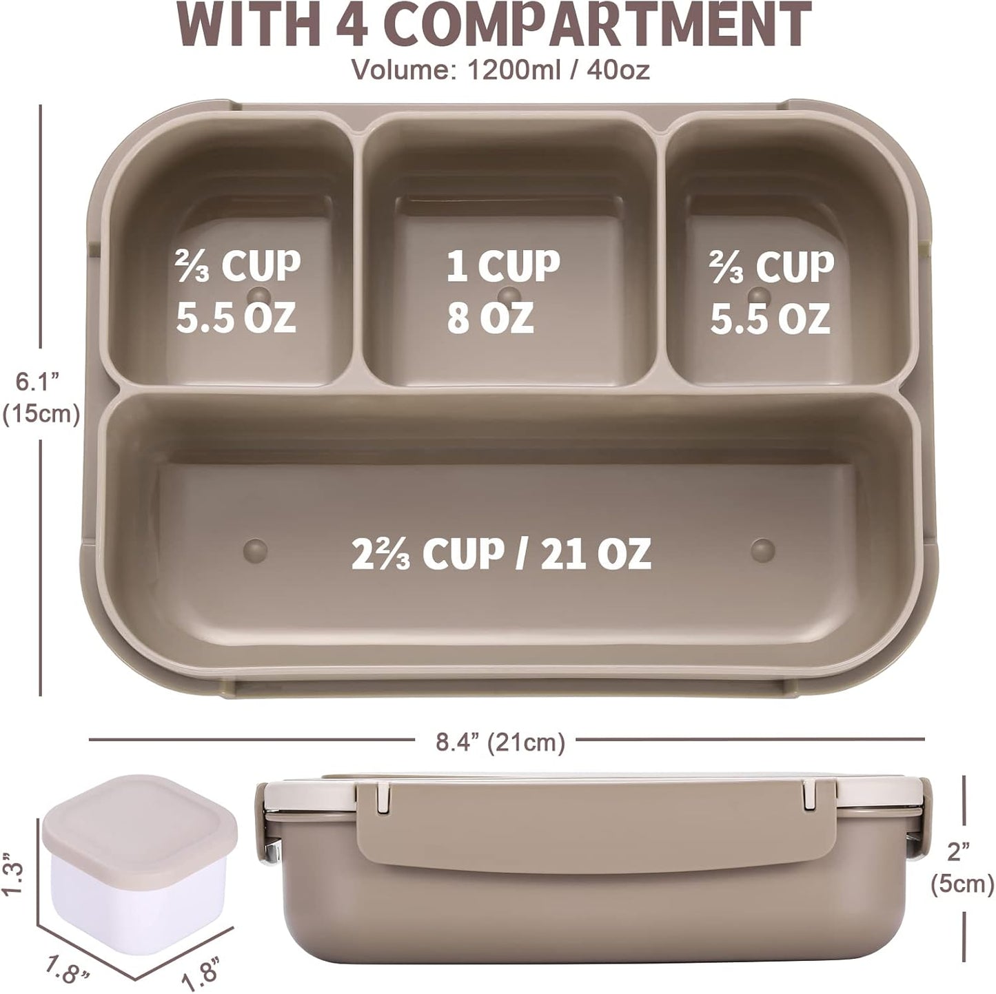 Bento Box Adult Lunch Box, Containers for Adults Men Women with 4 Compartments, Lunchable Food Container with Utensils, Sauce Jar, Muffin Liners, 40 Oz/5 Cup, Microwave & Dishwasher Safe, Brown