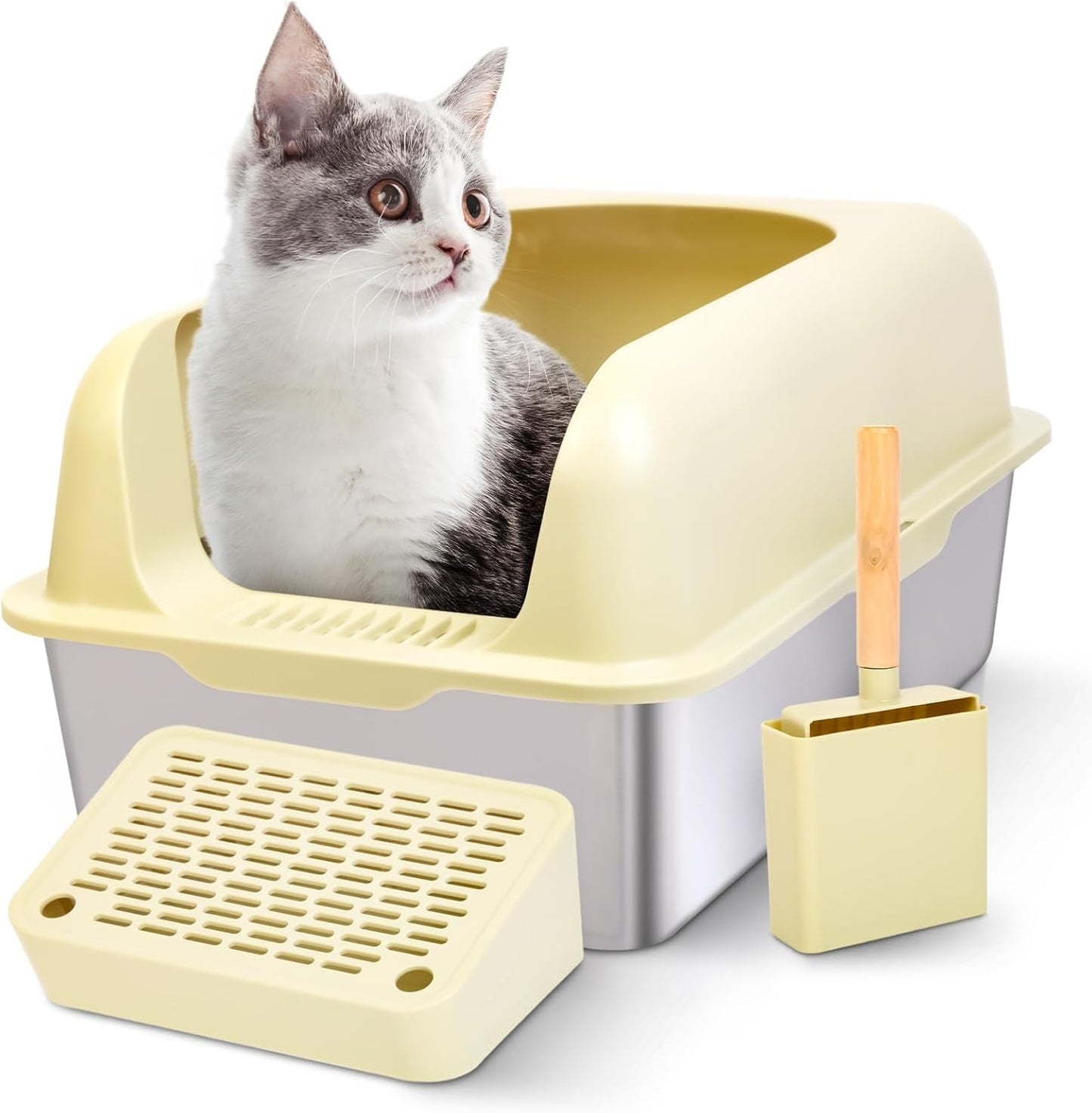 Enclosed Stainless Steel Cat Litter Box with Scroop&High Wall - Extra Large Metal Litter Box Stainless Steel for Big Cats,Non-Sticky, Anti-Leakage (White)