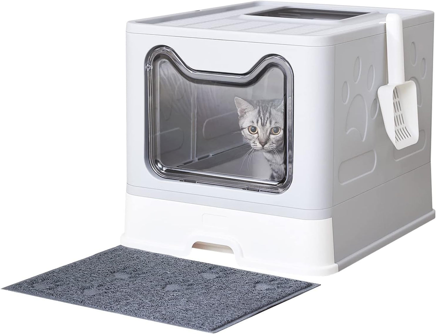 Cat Litter Box with Litter Mat and Scoop, Large Foldable Litter Box with Lid, Front Entry Top Exit Kitty Litter Box, Odor Control Easy Clean (Grey)