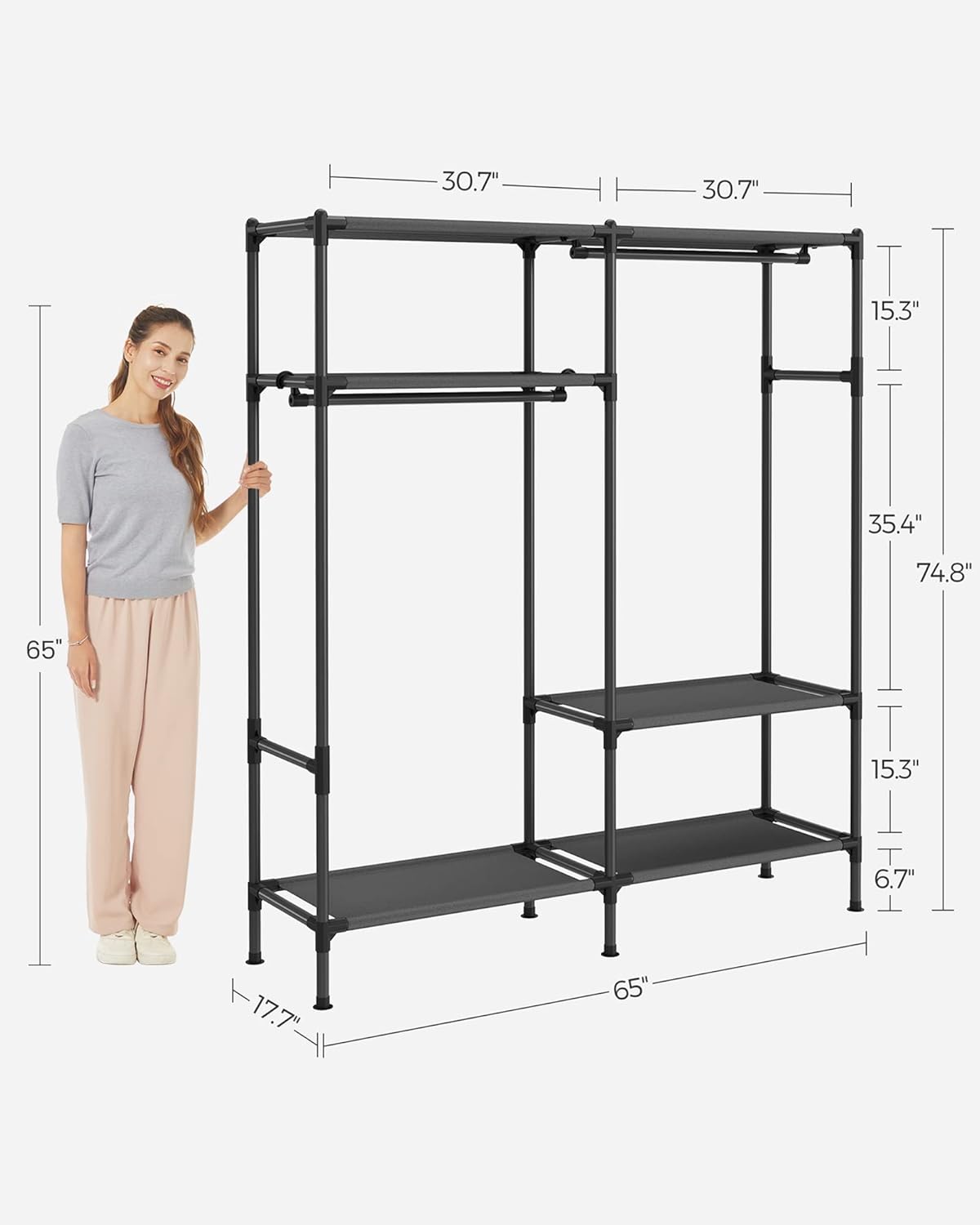 Heavy Duty Clothes Rack, 65 Inch Freestanding Portable Wardrobe with Hanging Rails and Shelves, Total Load 242 lb, Easy Assembly, for Cloakroom, Bedroom, Black URDR201B02