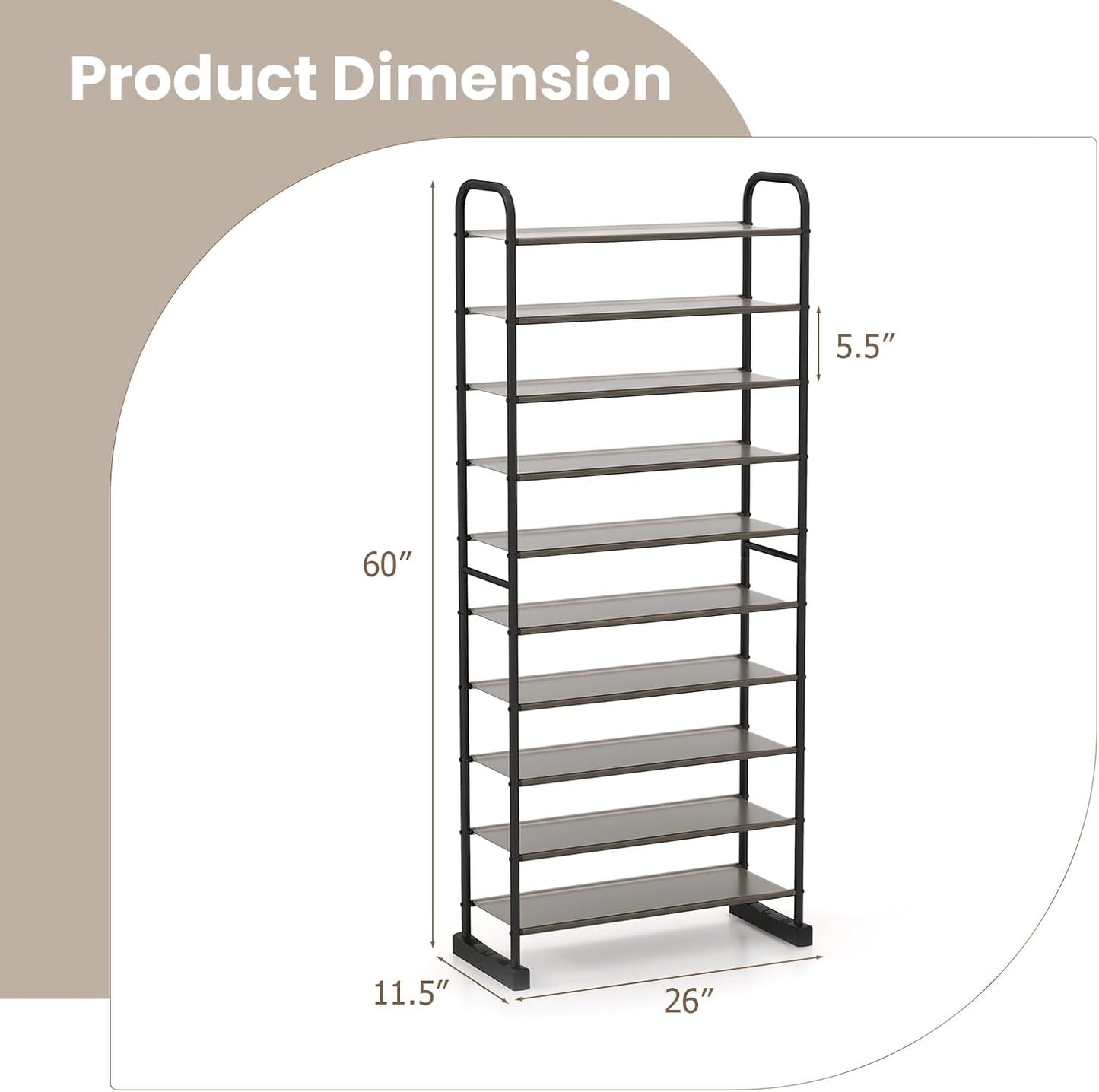 10-Tier Free Standing Shoes Rack, Space-Saving Shoes Organizer Shoes Storage Stand, Shoe Tower Storage Organizer, Entryway Hallway Shoes Tower, 26” x 11.5” x 60”, Black