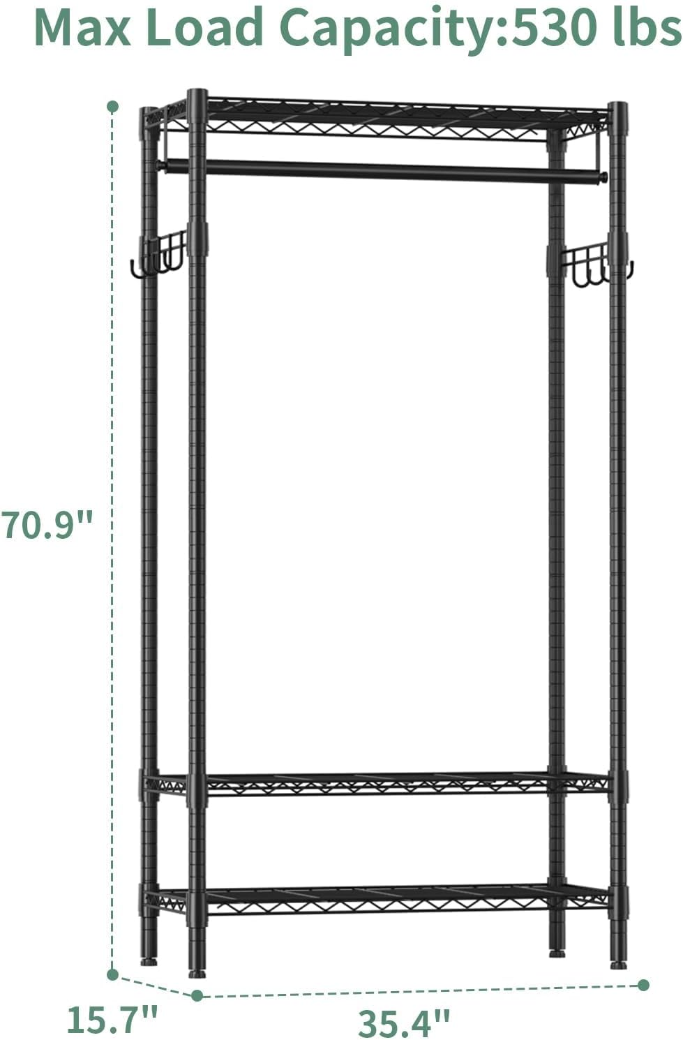 S4 Garment Rack Heavy Duty, Freestanding 3 Tiers Clothes Rack for Hanging Clothes with Shelves and Hangers, Closet Organizers Metal Closet Wardrobe System, Max Load 530 LBS, Black